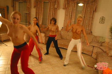 Four lesbian teens strip their clothes off while dancing at home - #161074