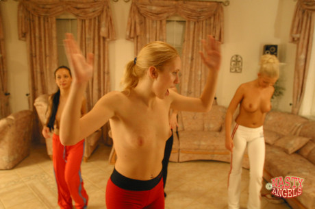 Four lesbian teens strip their clothes off while dancing at home - #161075