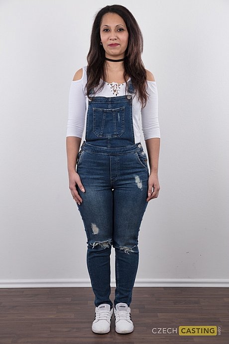 First timer Lenka stands naked in a ebony choker after removing denim overalls - Image 2 of 19  in Close Up category   featuring Lenka 