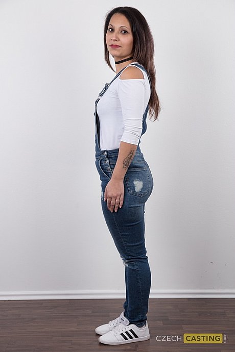 First timer Lenka stands naked in a ebony choker after removing denim overalls - Image 4 of 19  in Close Up category   featuring Lenka 