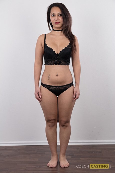 First timer Lenka stands naked in a ebony choker after removing denim overalls - Image 5 of 19  in Close Up category   featuring Lenka 