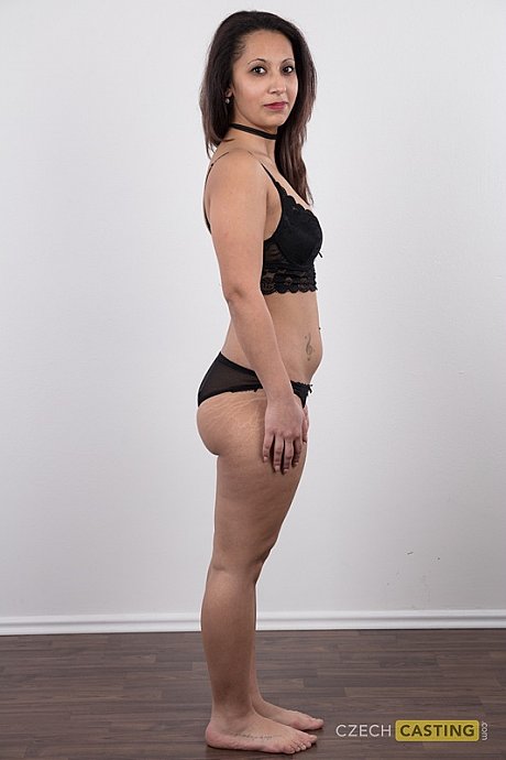 First timer Lenka stands naked in a ebony choker after removing denim overalls - Image 6 of 19  in Close Up category   featuring Lenka 