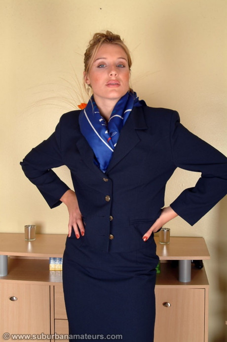Lovely stewardess Angelina loses her uniform and spreads her hairy twat - #637619