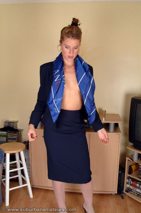 Lovely stewardess Angelina loses her uniform and spreads her hairy twat - #637621