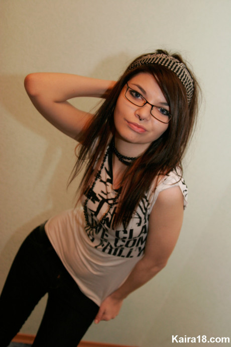 Fresh teen brunette Kaira 18 takes off her glasses while modelling non nude - #855574