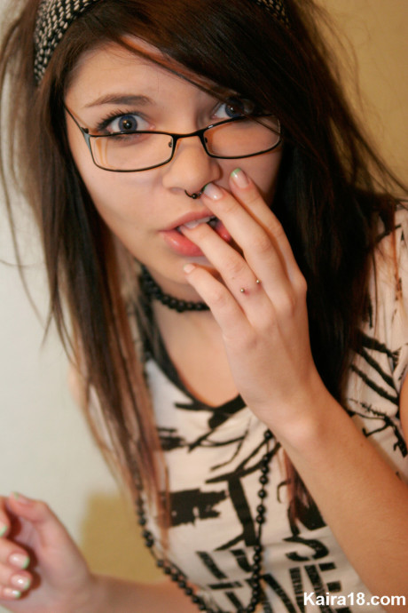 Fresh teen brunette Kaira 18 takes off her glasses while modelling non nude - #855578