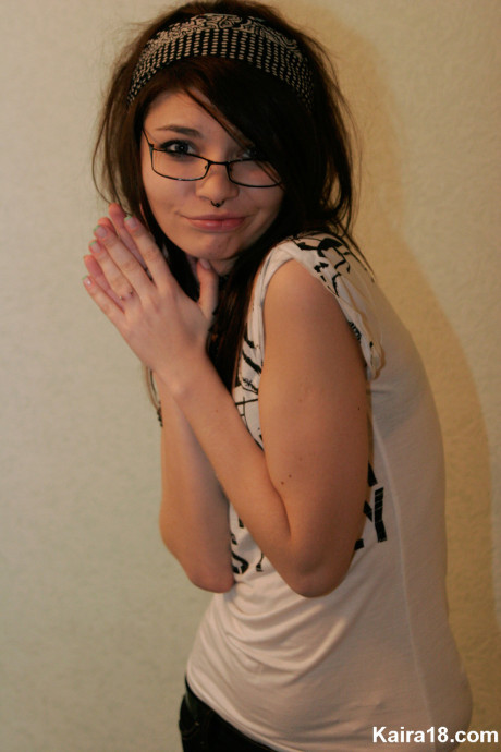 Fresh teen brunette Kaira 18 takes off her glasses while modelling non nude - #855579