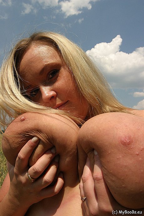 Blonde BBW Wanessa Lilio free her giant melons from camo shirt in wheat field - Image 14 of 16  in Outdoor category   featuring Wanessa Lilio 