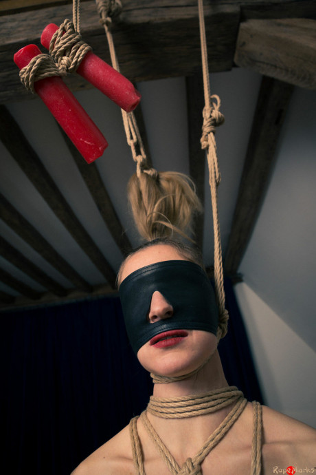 Naked lady GF lady Dutch Bluebird is suspended by rope under candle wax in a blindfold - #1132935