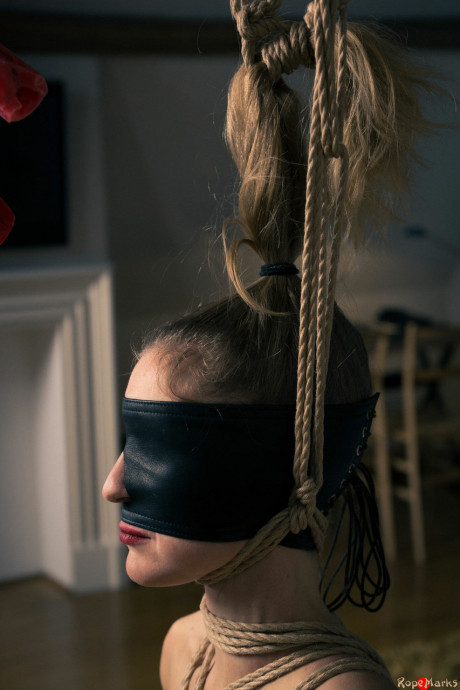 Naked lady GF lady Dutch Bluebird is suspended by rope under candle wax in a blindfold - #1132938