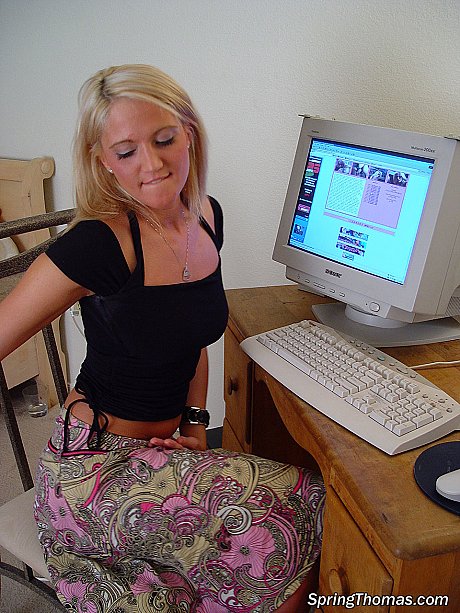 Young teenie blondie girl GF chick Spring Thomas masturbates while watching porn on computer - Image 2 of 17  in Masturbation category   featuring Spring Thomas 