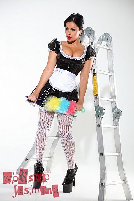 Dark-haired beauty Jasmine Jones models a latex maid uniform in lovely stockings - Image 1 of 12  in Babe category   featuring Jasmine Jones 
