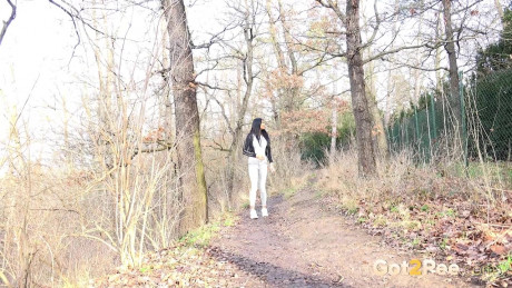 Maddi black squats on a dirt track path to pee - #371852
