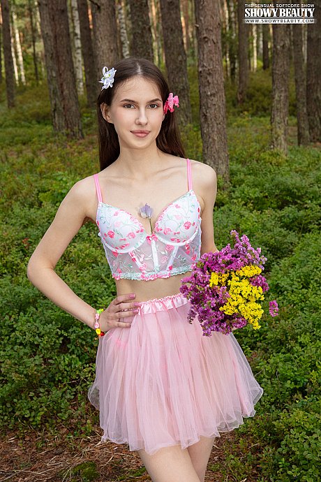 Thin teen bushy holds bouquets of flowers while getting nude in a forest - Image 2 of 20  in Outdoor category   featuring Silky 