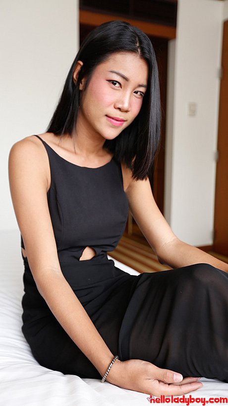 Pretty charming oriental t-girl shows her thin body in a pretty black dress & in fishnets - Image 1 of 21  in Ladyboy category   featuring Cartoon Candy 