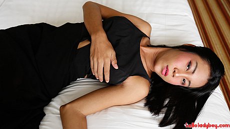 Pretty charming oriental t-girl shows her thin body in a pretty black dress & in fishnets - Image 7 of 21  in Ladyboy category   featuring Cartoon Candy 