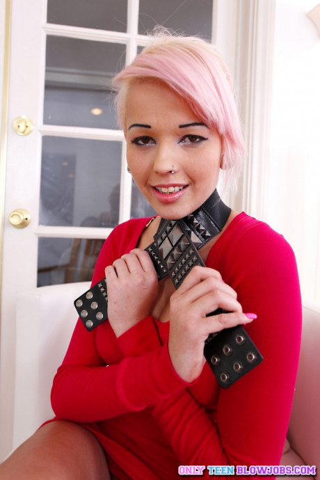 Pink haired young Christina squeezes her mesmerizing gigantic boobies and gives head - #1052597