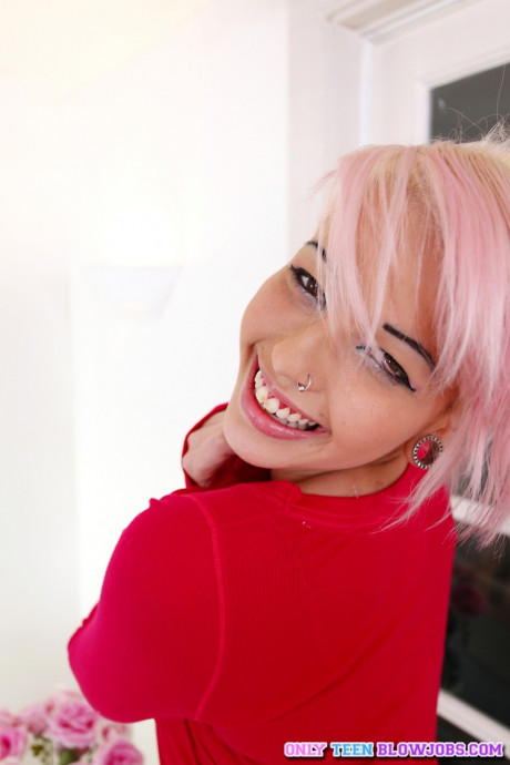 Pink haired young Christina squeezes her mesmerizing gigantic boobies and gives head - #1052598