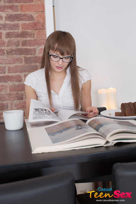 Teenie with eyeglasses Lola Jones gets bent over a armchair & analized doggystyle - #1288591