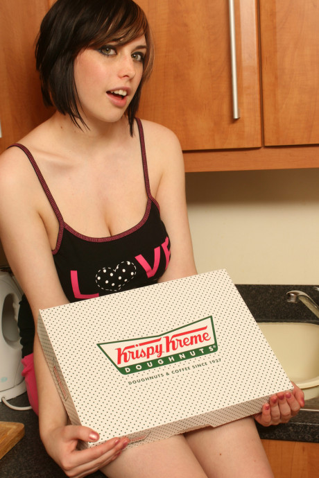 Short fatty Louisa May strips & shows her enormous melons while eating donuts - #904558