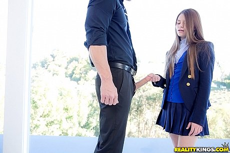 Clothed teenie skank girl girl Alice March sucks off a cock in her school uniform