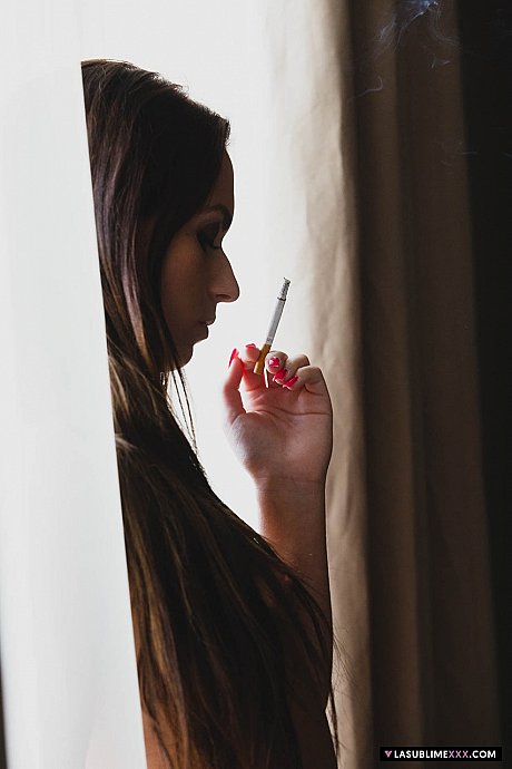 Spanish teenie Nata Lee masturbates in her nylons after smoking a cigarette - Image 5 of 20  in Pussy category   featuring Nata Lee 