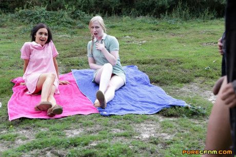 British sluts give a CFNM handjob in a clearing near the woods - #1256884
