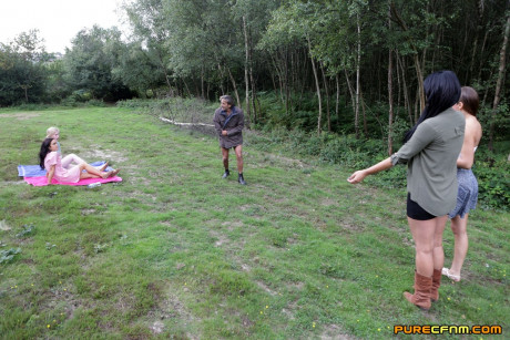 British sluts give a CFNM handjob in a clearing near the woods - #1256885