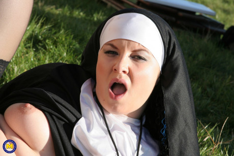 Horny nun in pantyhose Janine kneels to give a bj before outdoor sex - #1132708