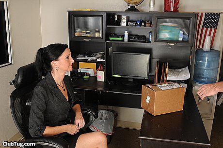 Salacious MILF Kelly Greens gives a courier a handjob at the office - Image 1 of 21  in Skirt category  