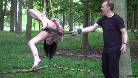 Undressed brunette Crystal Cherry gives a blowjob after being flogged in the woods - #384725