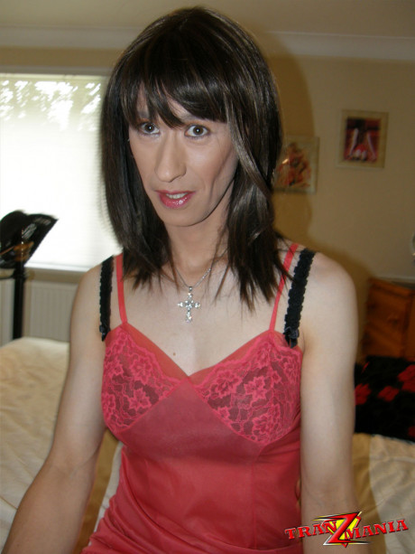 Lovely brunette crossdresser wearing pink negligee and hairy nylon pantyhose to - #67297