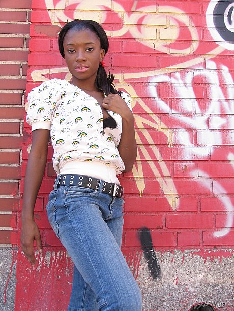 Black fetish slut does back alley striptease to display hot small titties & behind - Image 1 of 16  in Outdoor category  