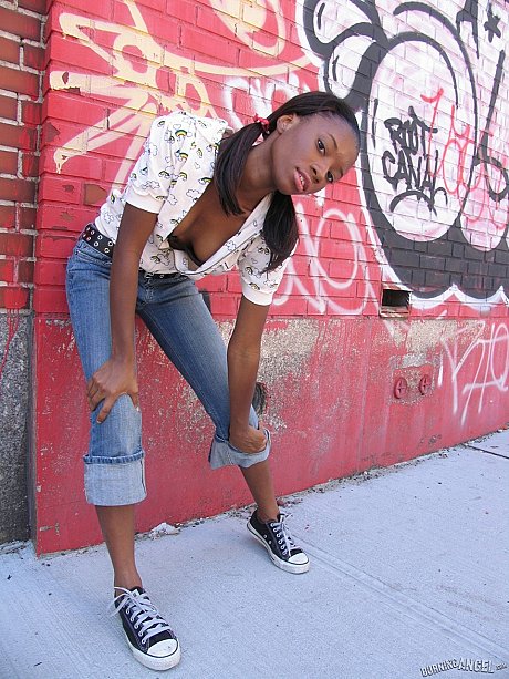 Black fetish slut does back alley striptease to display hot small titties & behind - Image 2 of 16  in Outdoor category  