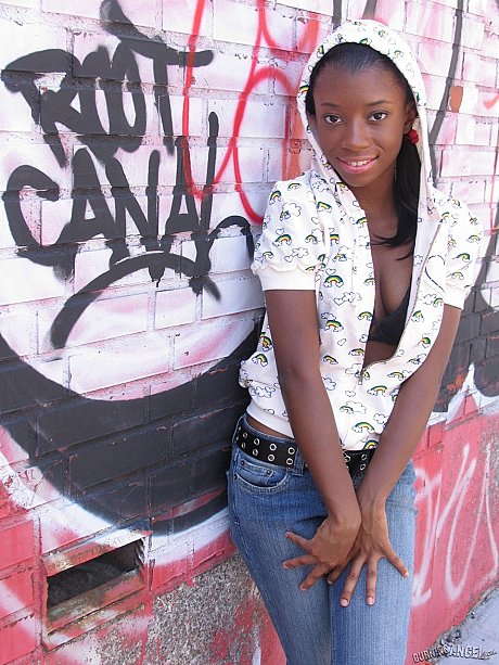 Black fetish slut does back alley striptease to display hot small titties & behind - Image 4 of 16  in Outdoor category  