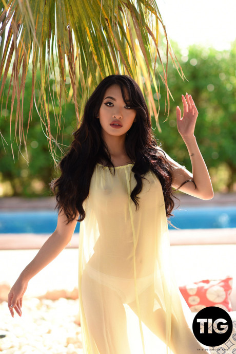 Petite model Reina removes her sheer dress and poses undressed poolside - #1351267