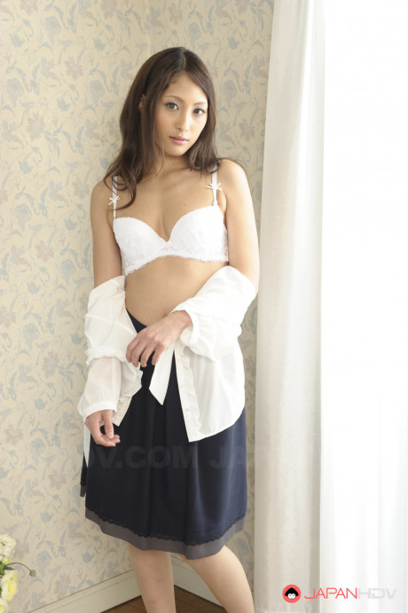 Pale oriental lady GF lady Aoi Miyama disrobes to pose showing small titties & trimmed muff - #617468