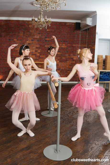 Cute thin teen ballerinas share a hairy guy stiff boner together