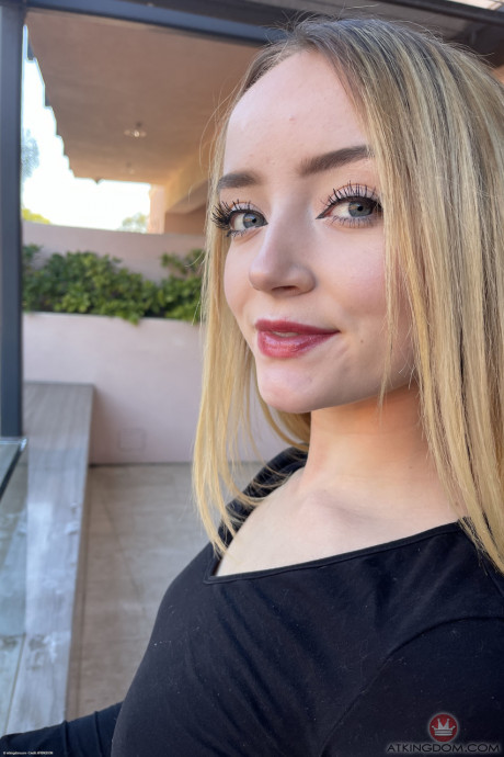 Kinky slim teen Maria Kazi presents her shaved love holes on a terrace - #1062808