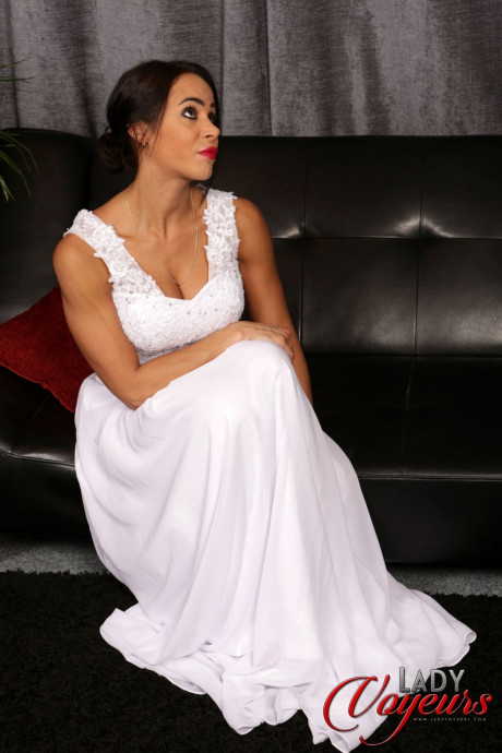 Busty bride Angelina Elise strips while watching a pervert masturbating - #1127796