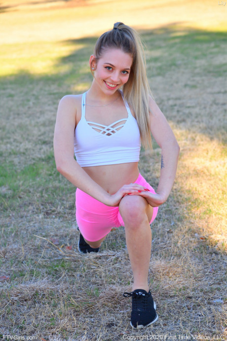 Adorable teenie Lily reveals her slim body outdoors and toys herself indoors - #1351694