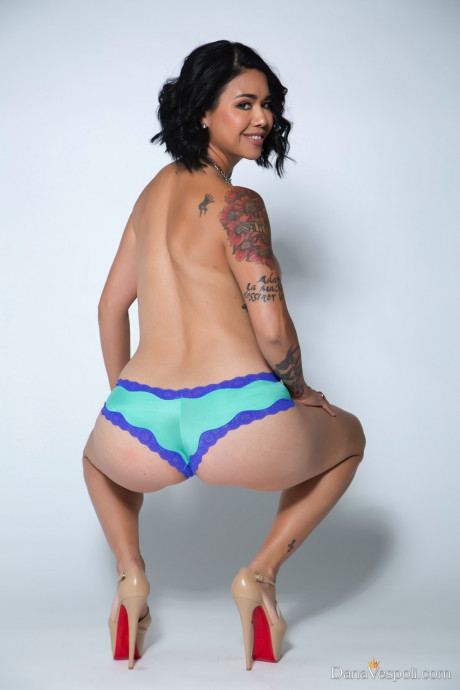 Charming asian MILF Dana Vespoli strips to her heels & displays her hot inked body - #1535840