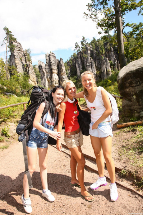Sexy adventurers Sara J, Nessy & Ester B go topless while climbing a mountain - #770006