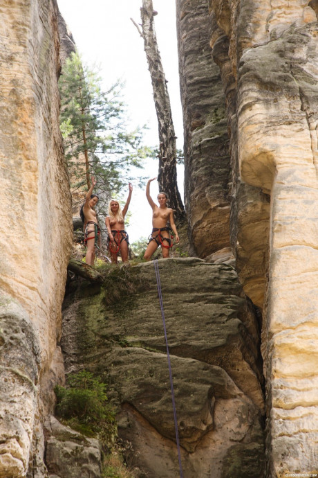 Sexy adventurers Sara J, Nessy & Ester B go topless while climbing a mountain - #770015