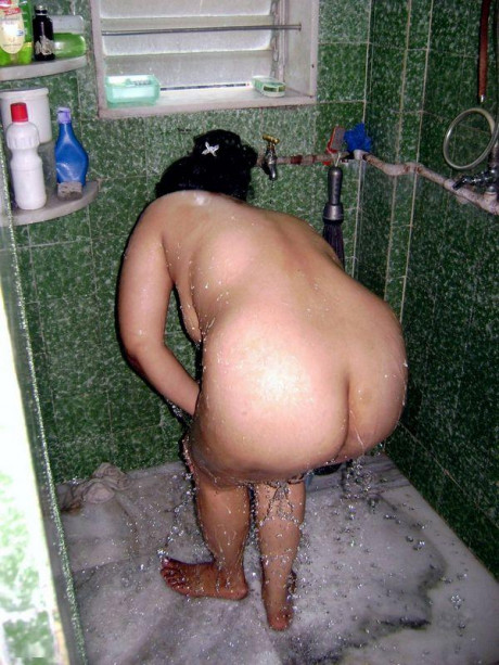 Indian fatty washes her clothes while taking a shower at the same time - #883638