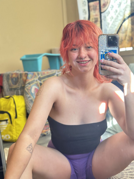 Amateur slut girlfriend lady with a nose piercing ginger Abby takes selfies in spandex shorts - #1355993