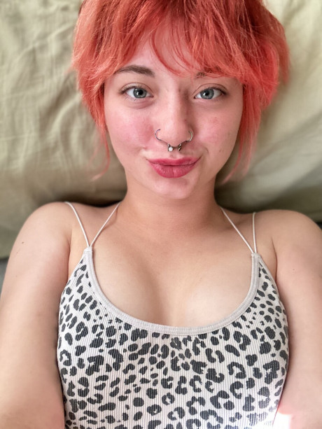 Amateur slut girlfriend lady with a nose piercing ginger Abby takes selfies in spandex shorts - #1356005
