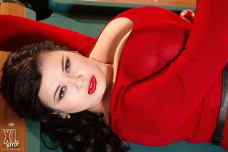 BBW Roxanne Miller releases her monstrous naturals from a red dress on a pool table - #533372