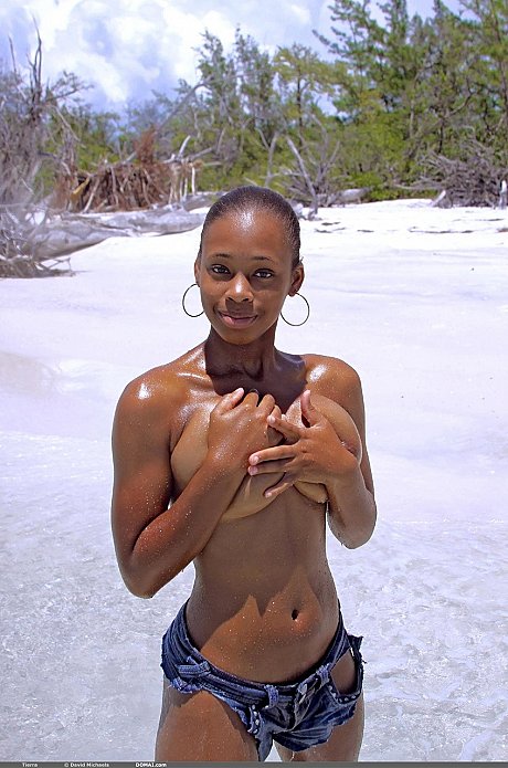 Ebony model Tierra poses undressed and flaunts her humongous shiny melons on the beach - Image 9 of 20  in Outdoor category   featuring Tierra Watson 