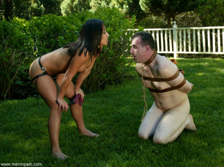 Domina Jasmine Byrne gives metes out anal punishment to her bound sub outdoors - #978113
